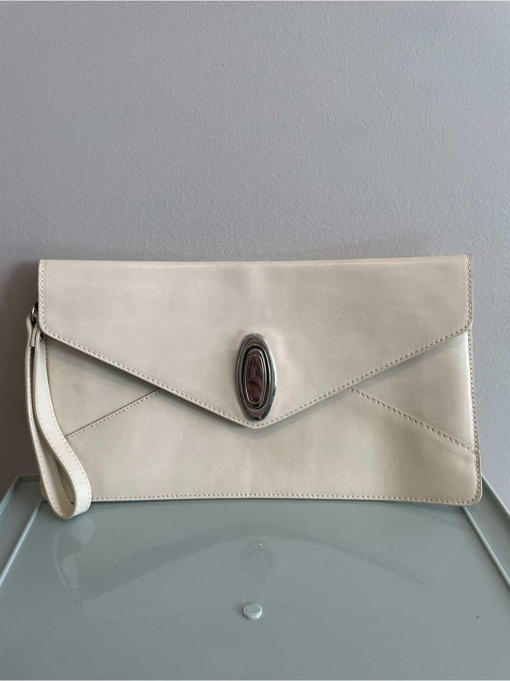 Ivory Envelope Italian Leather Wristlet Clutch with Silver Accent